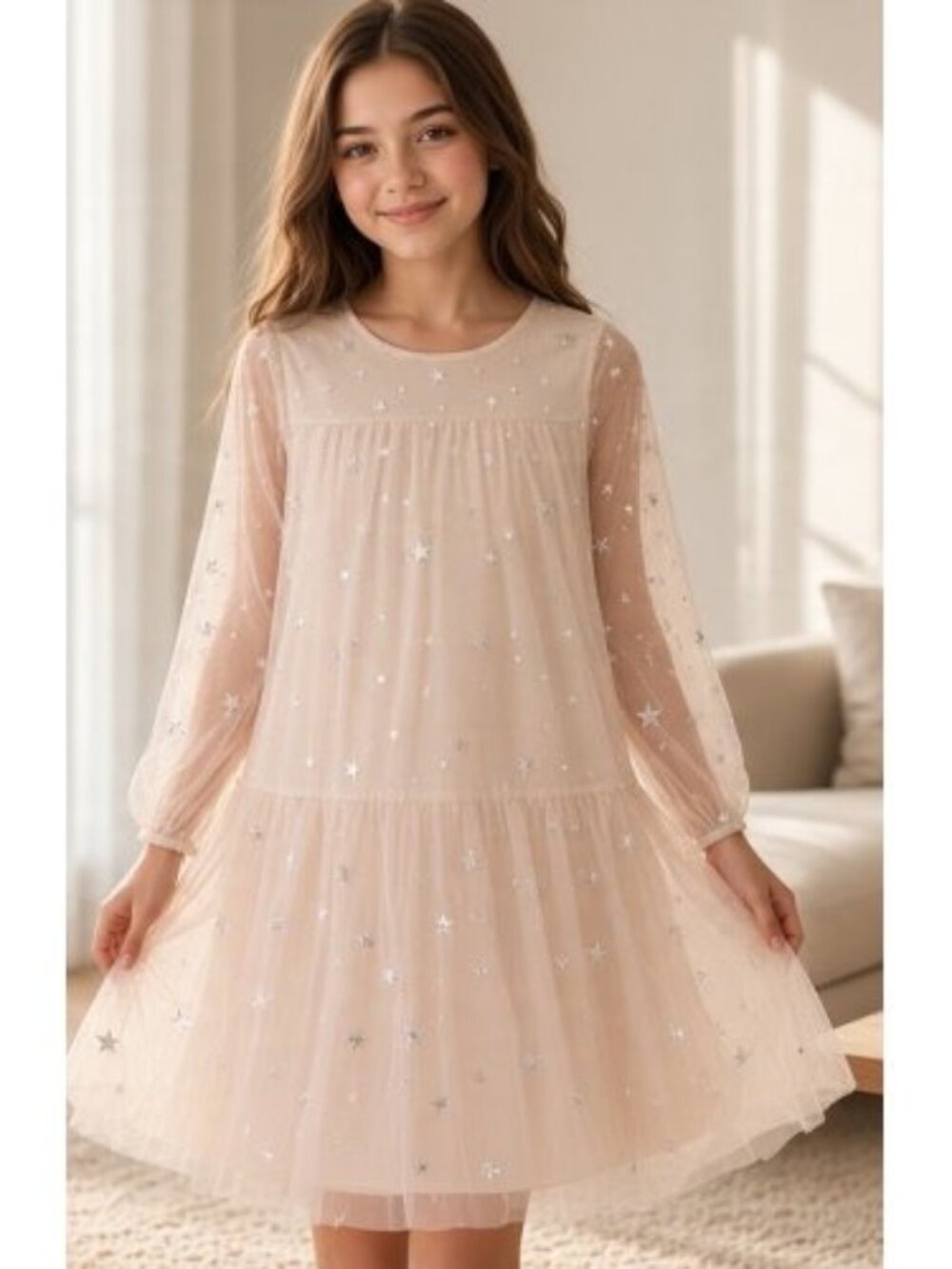 OLD NAVY Blush Semi Sheer Tulle Overlay Star Print Dress Girls Size 8